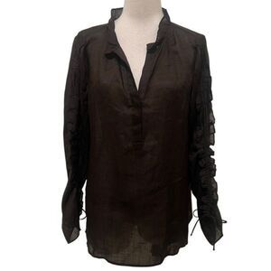 Chico's Womens Ruffle Long Sleeve Ramie Blend Tunic Blouse Cocoa Bean Sz 1/M NWT